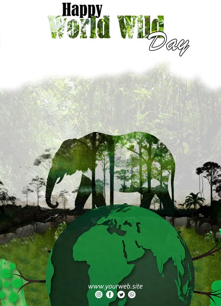 PSD psd-poster zum welttag der tierwelt mit der silhouette eines elefanten, der im wald steht