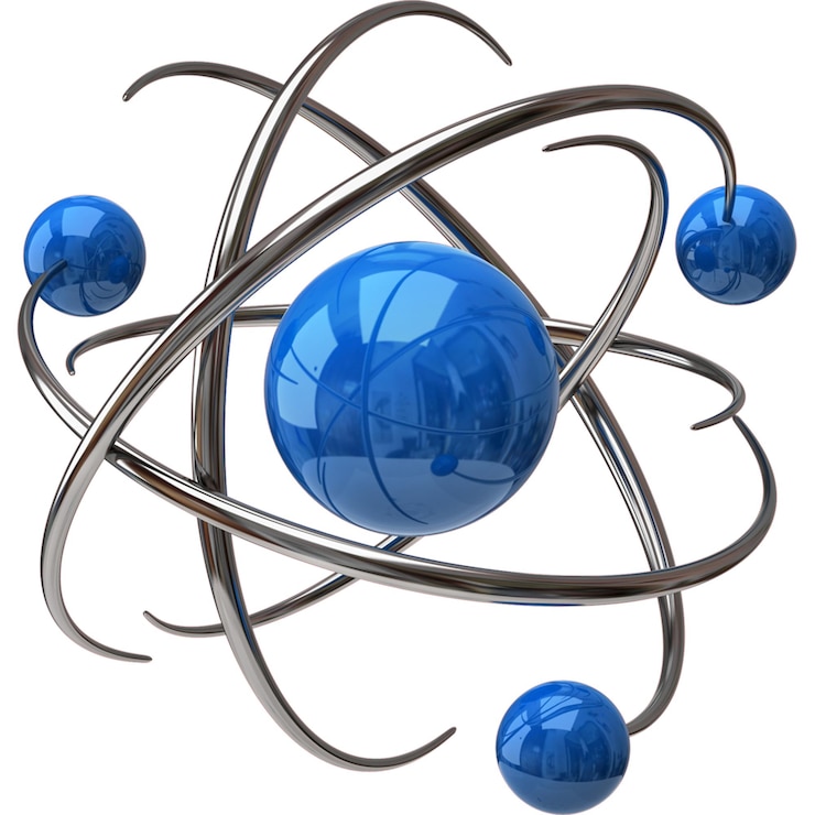 PSD psd pour le modèle de structure atomique 3d avec orbites métalliques et noyau bleu brillant