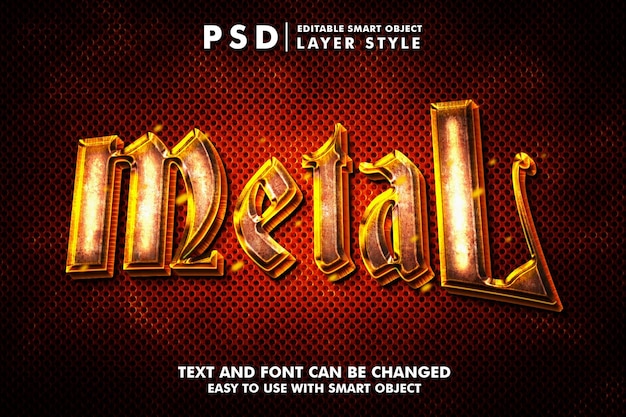 Psd premium de efeito de texto realista 3d de metal com objeto inteligente