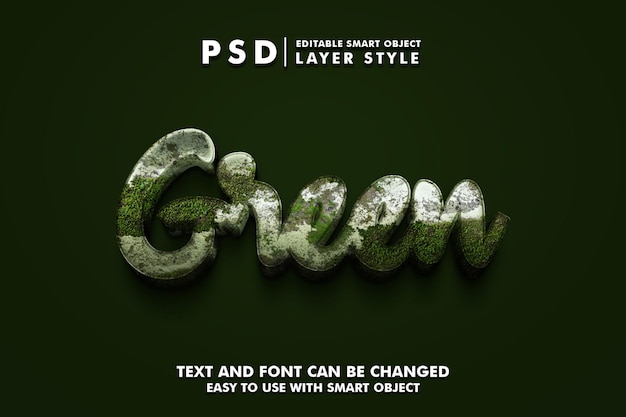PSD premium de efecto de texto realista 3d verde con objeto inteligente