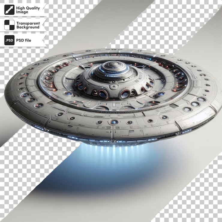 PSD psd de primer plano de un extraterrestre ufo en un fondo transparente con capa de máscara editable