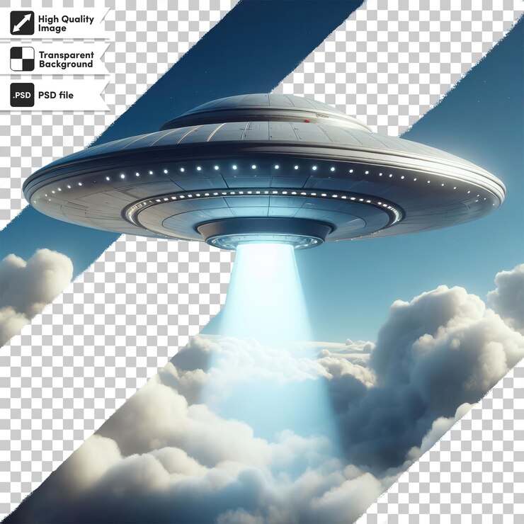 PSD psd de primer plano de un extraterrestre ufo en un fondo transparente con capa de máscara editable