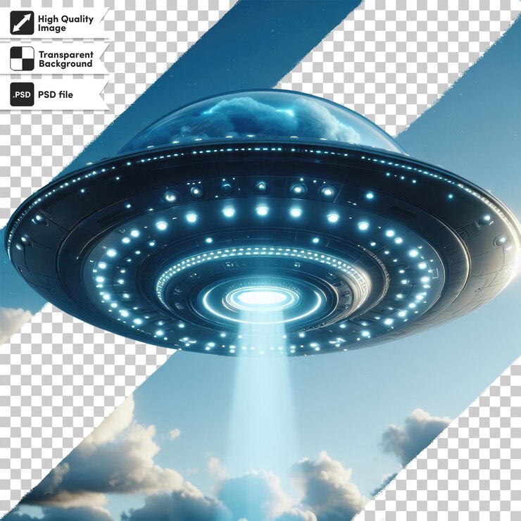 PSD psd de primer plano de un extraterrestre ufo en un fondo transparente con capa de máscara editable