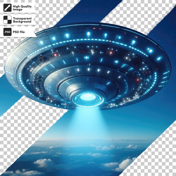 PSD psd de primer plano de un extraterrestre ufo en un fondo transparente con capa de máscara editable