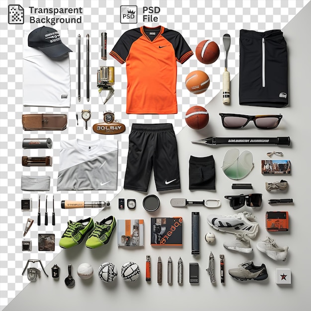 Psd professionelle sport-memorabilia-kollektion auf transparentem hintergrund mit grünem schuh, orangefarbenem hemd, schwarzen shorts, schwarzer brille und einem silbernen löffel