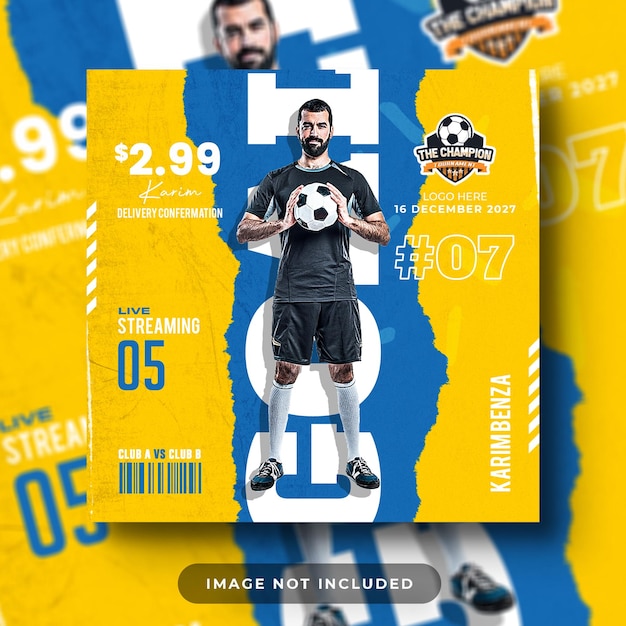 PSD psd psd azul fútbol deporte mejor jugador con papel rasgado y efecto grunge redes sociales instagram stor