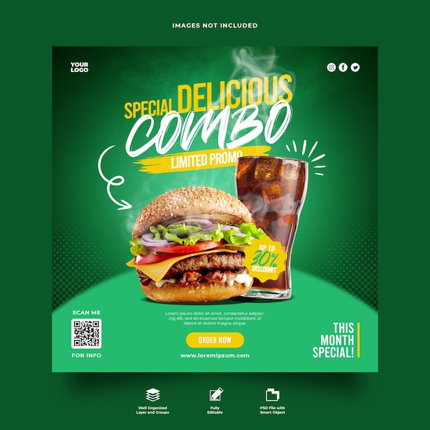 Psd psd menu di ristoranti fast food social media modello di banner quadrato