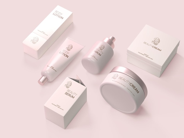 PSD Raccolta di mockup 3d di vari prodotti cosmetici con sfondo rosa