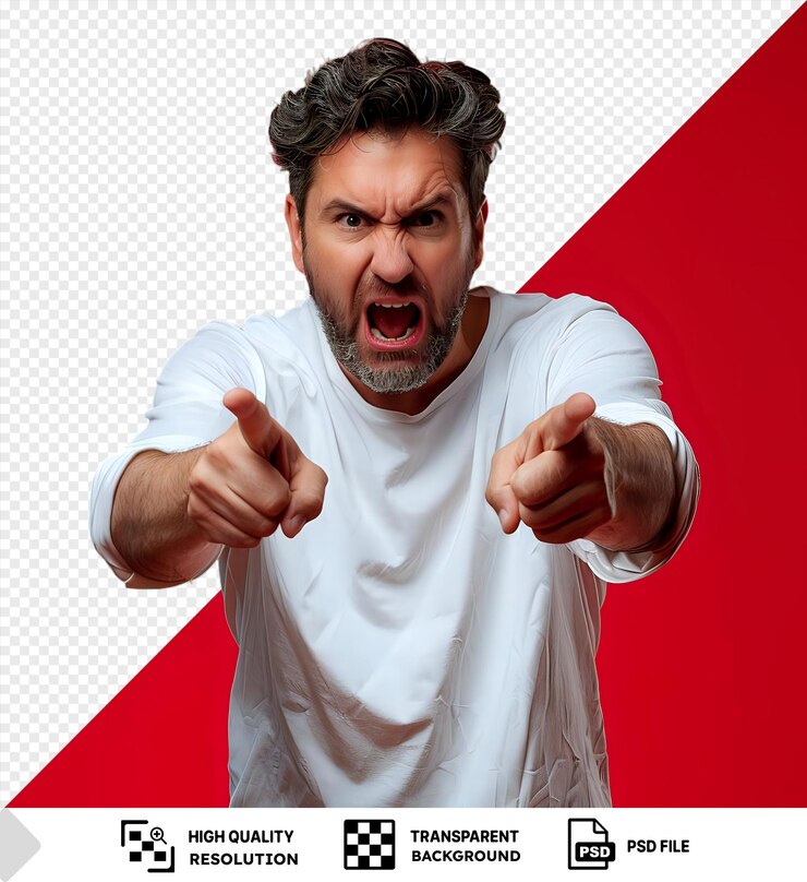 PSD psd ragazzo arrabbiato che discute con un avversario invisibile davanti a un muro rosso che indossa una camicia bianca e capelli neri con la bocca aperta e un naso grande mentre le sue mani sono visibili png psd