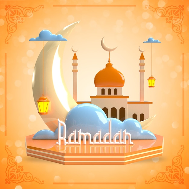 Psd ramadan kareem islamischer hintergrund mit 3d-podium und mond