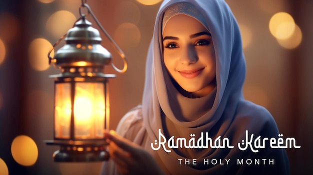 PSD Ramadan Kareem Poster Vorlage mit schöner arabischer Frau mit goldener Laterne.
