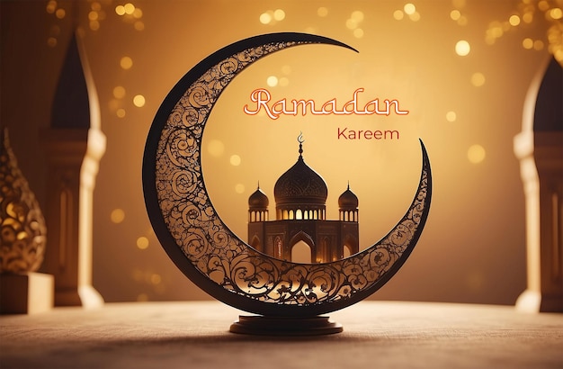 PSD psd ramadan kareem texto com um design islâmico deslumbrante apresenta uma lua crescente oca definido um dourado