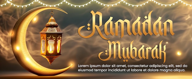 PSD Ramadan Mubarak banner design Crescent Moon con lanterne fulmine e testo modificabile.