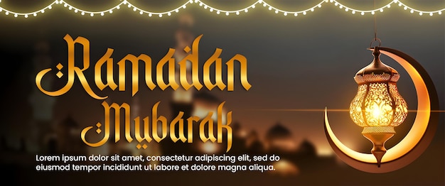 PSD Ramadan Mubarak Banner Design Halbmond mit Blitzlaternen.