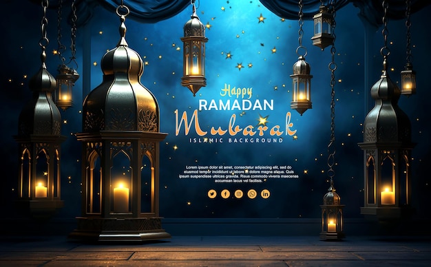 Psd ramadan mubarak benner com lanterna em fundo azul