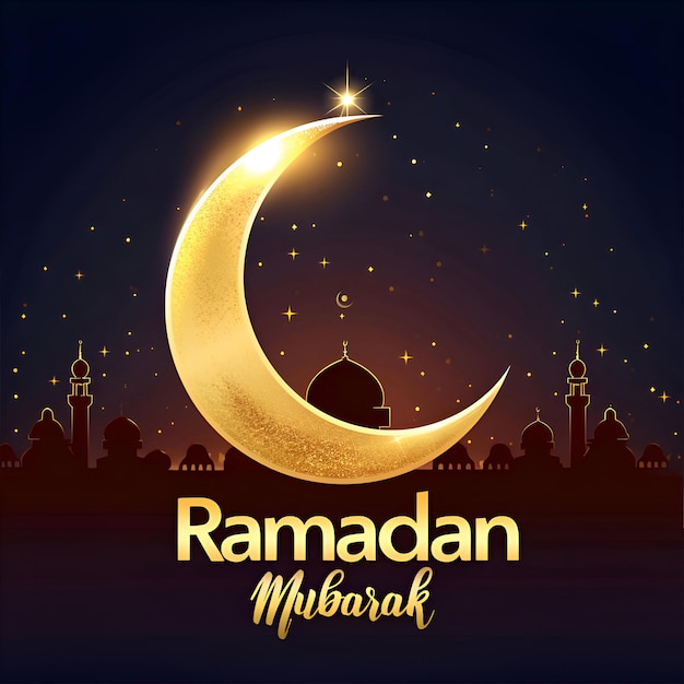 PSD Ramadan Mubarak com Lua Islâmica de Ouro e Texto com fundo islâmico.