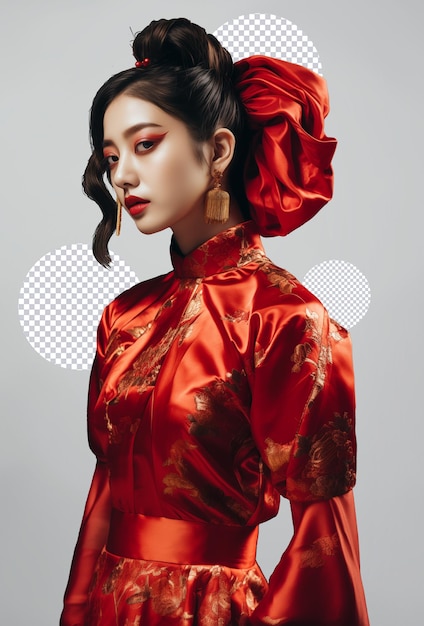 PSD psd rapariga de natal beleza vermelho ouro vestido de moda ano novo chinês modelo asiático