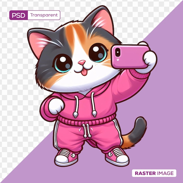 Psd Raster Chaton Adorable En Vêtements De Gym Prenant Un Selfie Isolé Arrière-plan Transparent