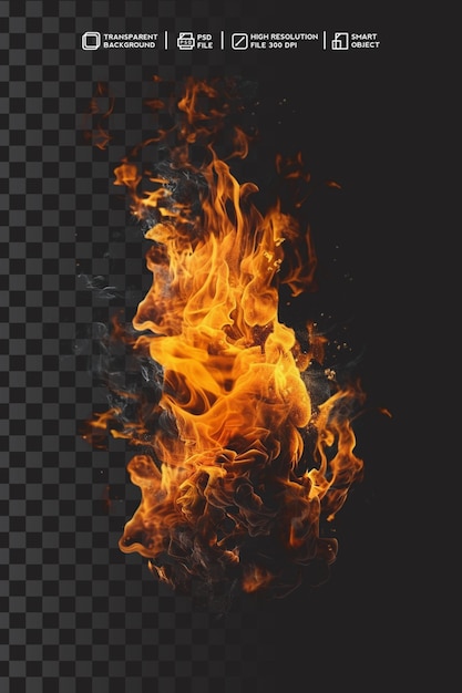 PSD realista fuego espumoso y llama ardiente en fondo transparente aislado