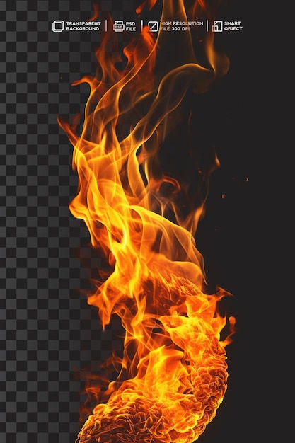 PSD realista fuego espumoso y llama ardiente en fondo transparente aislado
