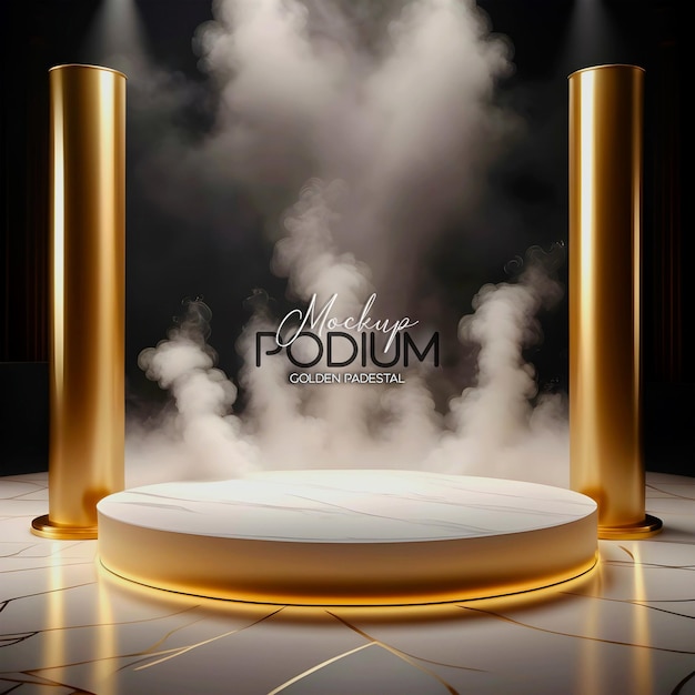 Psd realistico 3d neon dorato display di prodotto 3d mockup di podio sullo sfondo con ambiente fumoso scuro
