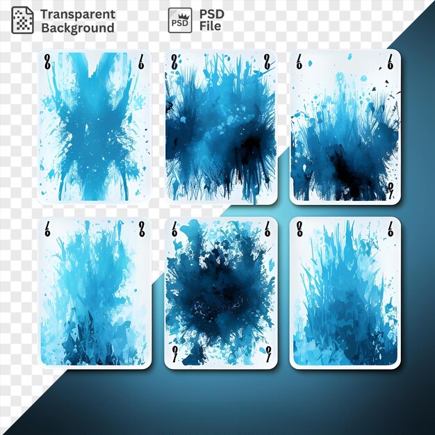 Psd-realistische fotografische forensikpsychologen tintenfleckenkarten werden auf einem blauen tisch mit einem blauen baum im hintergrund angezeigt