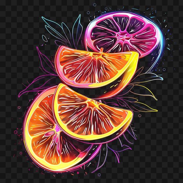 Psd de rebanadas de frutas de neón vibrantes con una textura de plástico brillante Emit Neon Frame Art Design Template