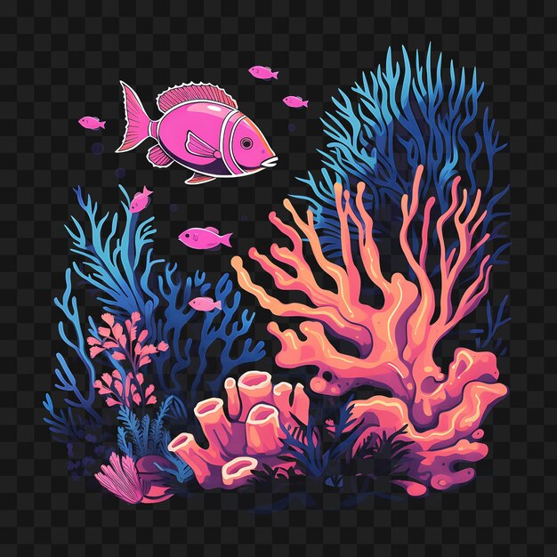 PSD psd de récif de corail avec des poissons tropicaux bleu vif violets et roses modèle design de tatouage clipart
