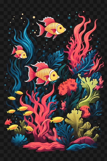 PSD psd de récif de corail avec des poissons tropicaux chevaux de mer corail vibrant et tu modèle clipart dessin de tatouage