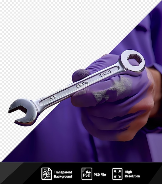 PSD psd-reparaturtechniker wählt einen schraubenschlüssel für die arbeit aus und hält ihn mit einer lila hand und einer blauen tasche, die im hintergrund sichtbar ist png