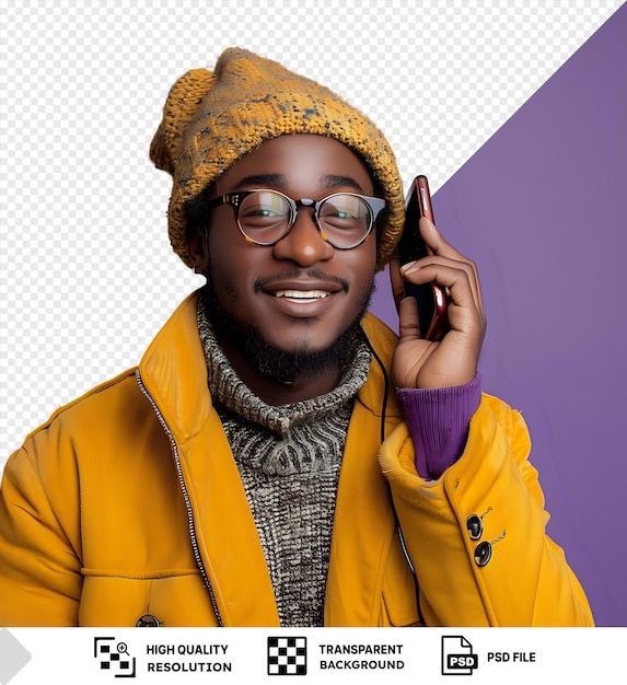 PSD psd retrato de homem positivo usar telefone digitando post de blog comentário na imagem um homem vestindo um casaco amarelo e chapéu óculos pretos e um punho roxo é visto falando em um celular