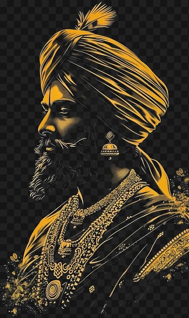 PSD psd del retrato indio de raja man con turbante y sherwani con diseño de camiseta colage art ink