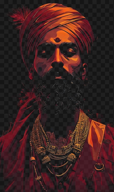 PSD psd del retrato indio de raja man con turbante y sherwani con diseño de camiseta colage art ink