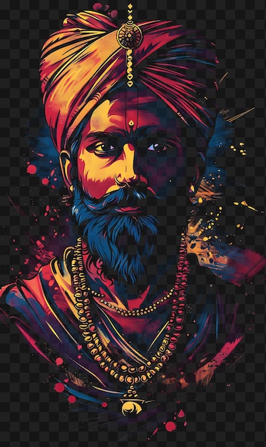 PSD psd del retrato indio de raja man con turbante y sherwani con diseño de camiseta colage art ink