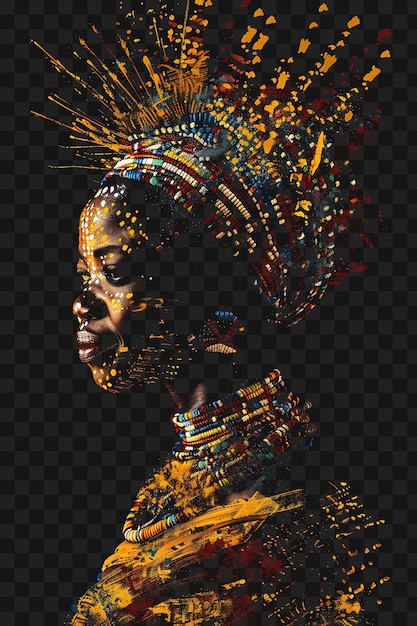 PSD psd de retrato de una mujer zulú con un tocado tradicional de cuentas un diseño de camiseta collage tinta de arte