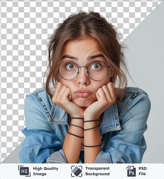 Psd con retrato transparente de una estudiante con gafas vestida con una camisa de vaqueros de moda se preocupa por algo nerviosa se muerde las uñas esperando los resultados del examen