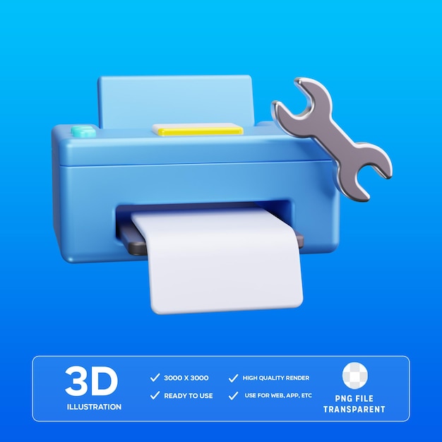 PSD riparazione di apparecchiature per stampanti, dispositivi, servizi, attrezzature, tecnologia, illustrazione 3D