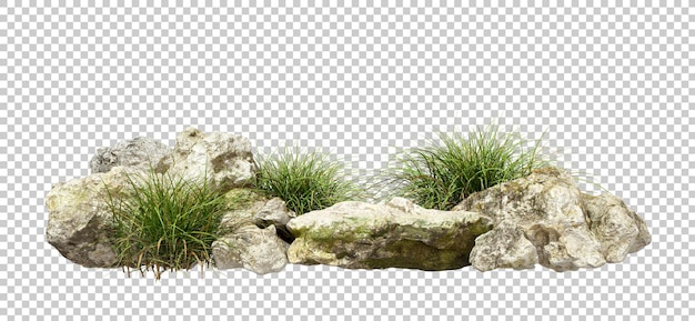 PSD rocce isolate e erbacce erbose composizione paesaggistica su sfondi trasparenti rendering 3D