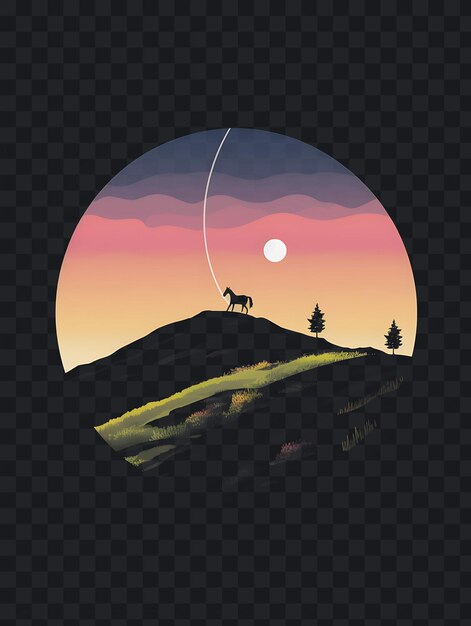 PSD psd de rolling hills avec un cheval au pâturage couleurs pastel gris foncé b modèle design de tatouage clipart