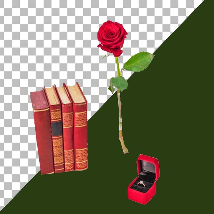 PSD una rosa roja se sienta en una caja con una flor roja en ella con fondo transparente
