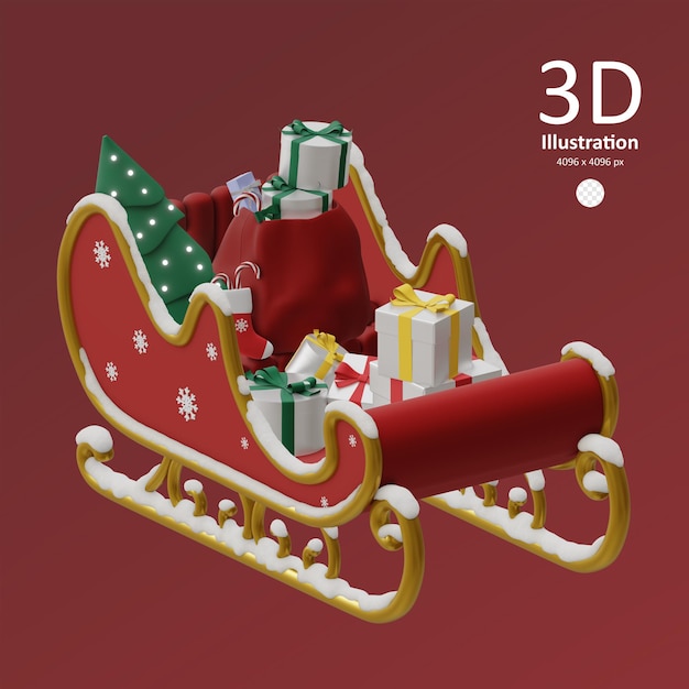PSD roter Winterschlitten voller Weihnachtsgeschenke 3D-Rendered-Icon isoliert