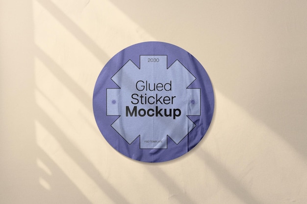 Psd Round Glued Sticker Mockup on a Wall