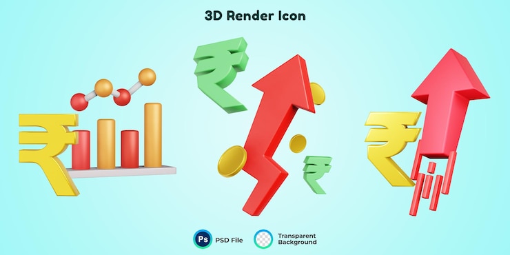 PSD psd-rupie-währungsdiagramm roter pfeil 3d render-symbol-illustration
