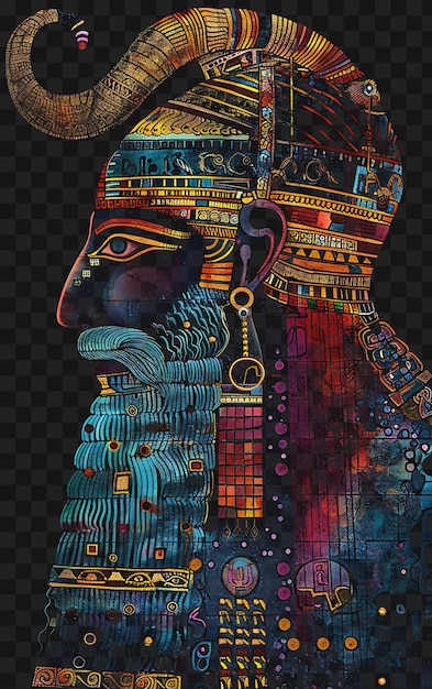 PSD psd del sacerdote mesopotámico retrato con un kaunakes y una camiseta de cuerno diseño collage tinta de arte