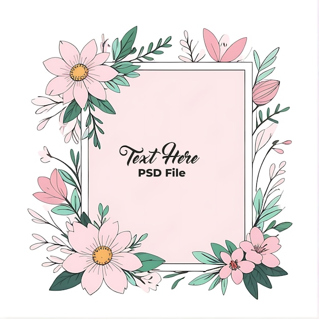 Psd saludo de primavera marco floral rosa con rectángulo gracias tarjeta fondo acuarela
