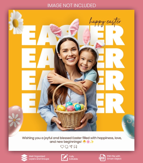 PSD Saludo de publicidad de Pascua plantilla de cartel con celebración familiar invitación a la fiesta de Pascua