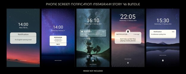 Psd-sammlung von telefonbildschirmbenachrichtigungsdesign für soziale medien und instagram-geschichtenvorlagen