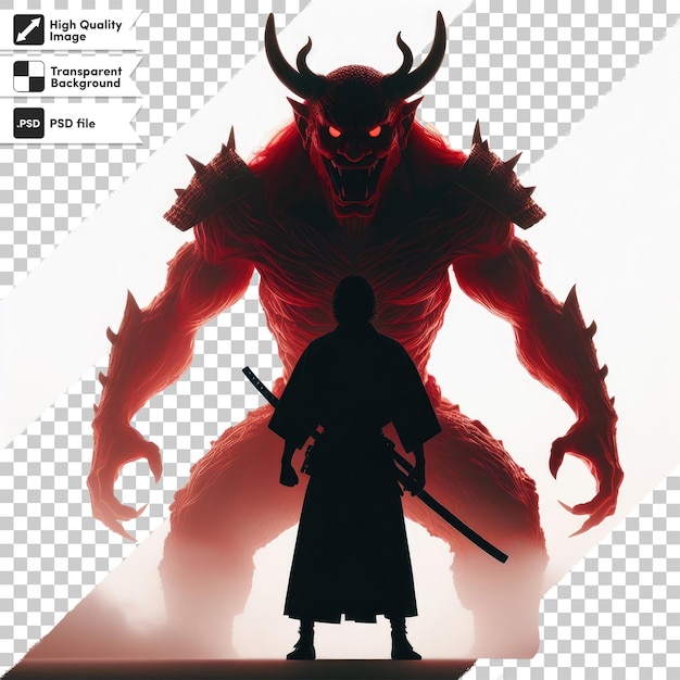 PSD psd samurai japonês contra diabo vermelho em fundo transparente com camada de máscara editável