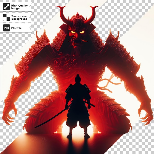 Psd samurai japonês contra diabo vermelho em fundo transparente com camada de máscara editável