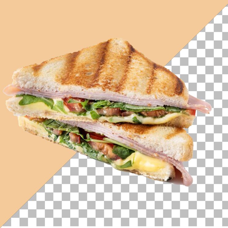 PSD un sándwich con jamón y queso en un con fondo transparente